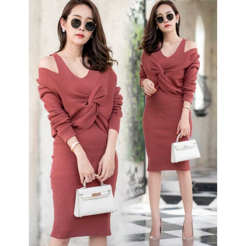 WSE390 - Set Rajut 2in1 Abigail Outer dan Dress UK Fit L To XL LD 100 CM - 110 CM PJ 93 CM Rajut PREMIUM QUALITY