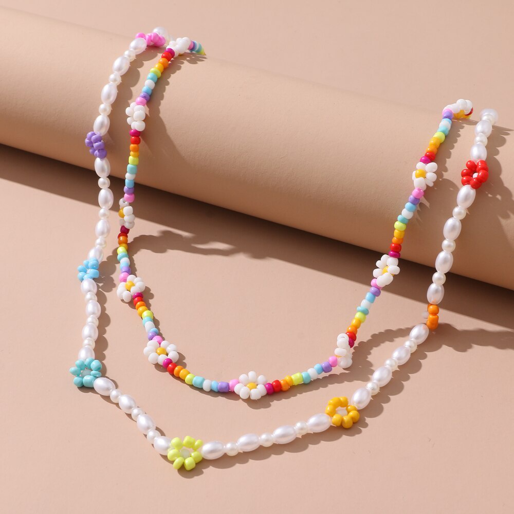 Y2K Colorful Double Layer Beaded Flower Choker Necklace for Women Bohemian Pearl Beaded Short Necklace Jewelry