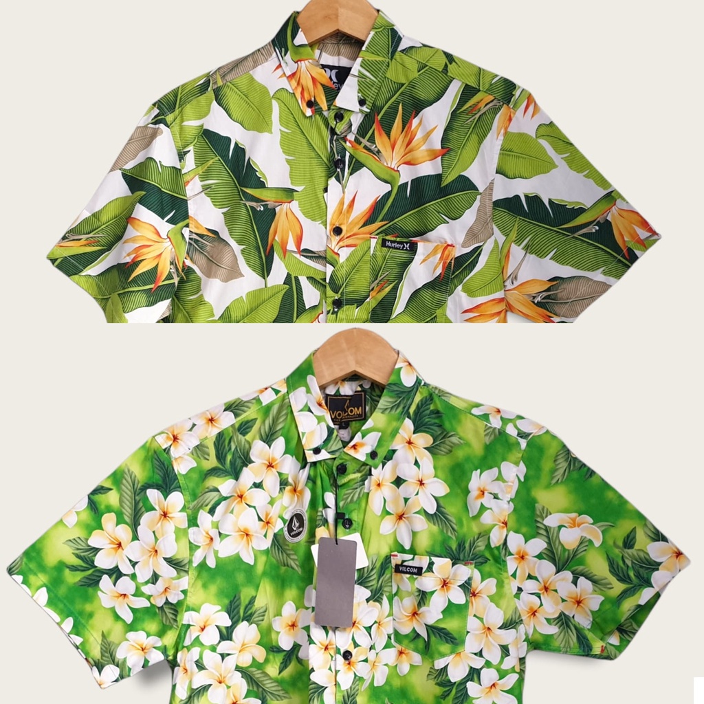 KEMEJA SURFING PRIA LENGAN PENDEK | KEMEJA MOTIF DAUN DAN BUNGA