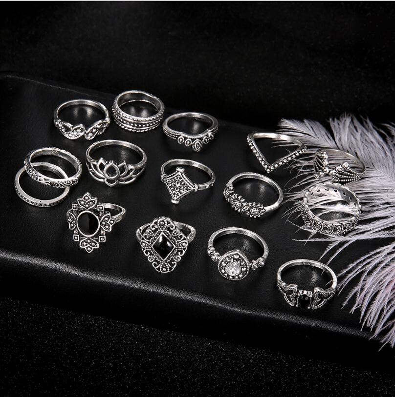 15 Pcs/Set  Fashion Silver Midi  Finger Ring Set / Ladies Smooth Fine Thin Finger Ring  / Vintage Punk Black Gemstone Rings