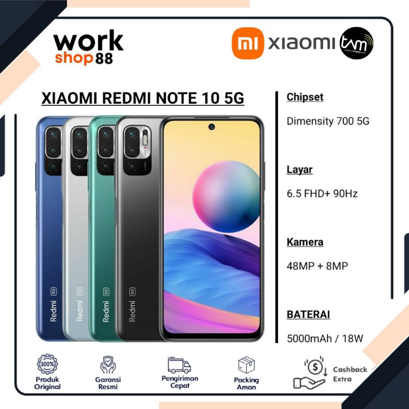 HP Baru Xiaomi Redmi Note 10 5G NFC 8GB + 128GB  - New Garansi Resmi Nasional 15 Bulan Original TAM 