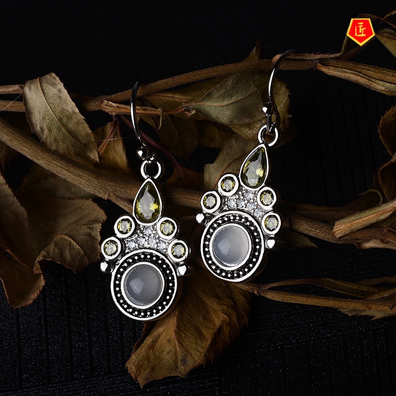 [Ready Stock]Silver Creative Cat's Paw Footprints Moonstone Earrings