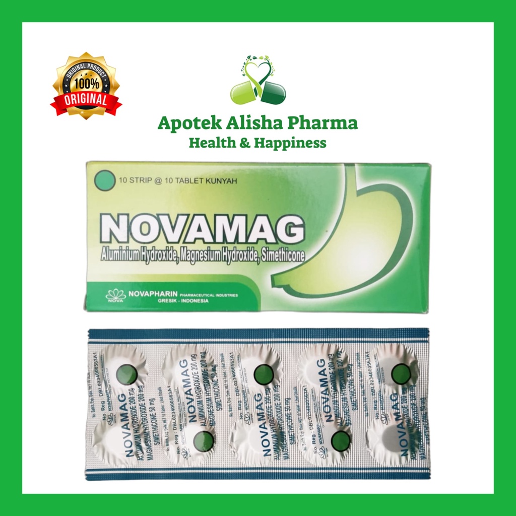 Novamag Tablet (Strip 10tablet) - Novamah Antasida Tablet Kunyah Obat Maag / Pencernaan Lambung Kembung / Nyeri Uluhati