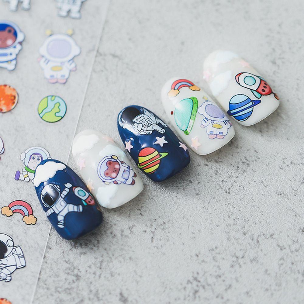 AUGUSTINA Agustina Astronot Nail Art Stiker Kartun Relief Bumi Pesawat Luar Angkasa 5D Manicure Aksesoris