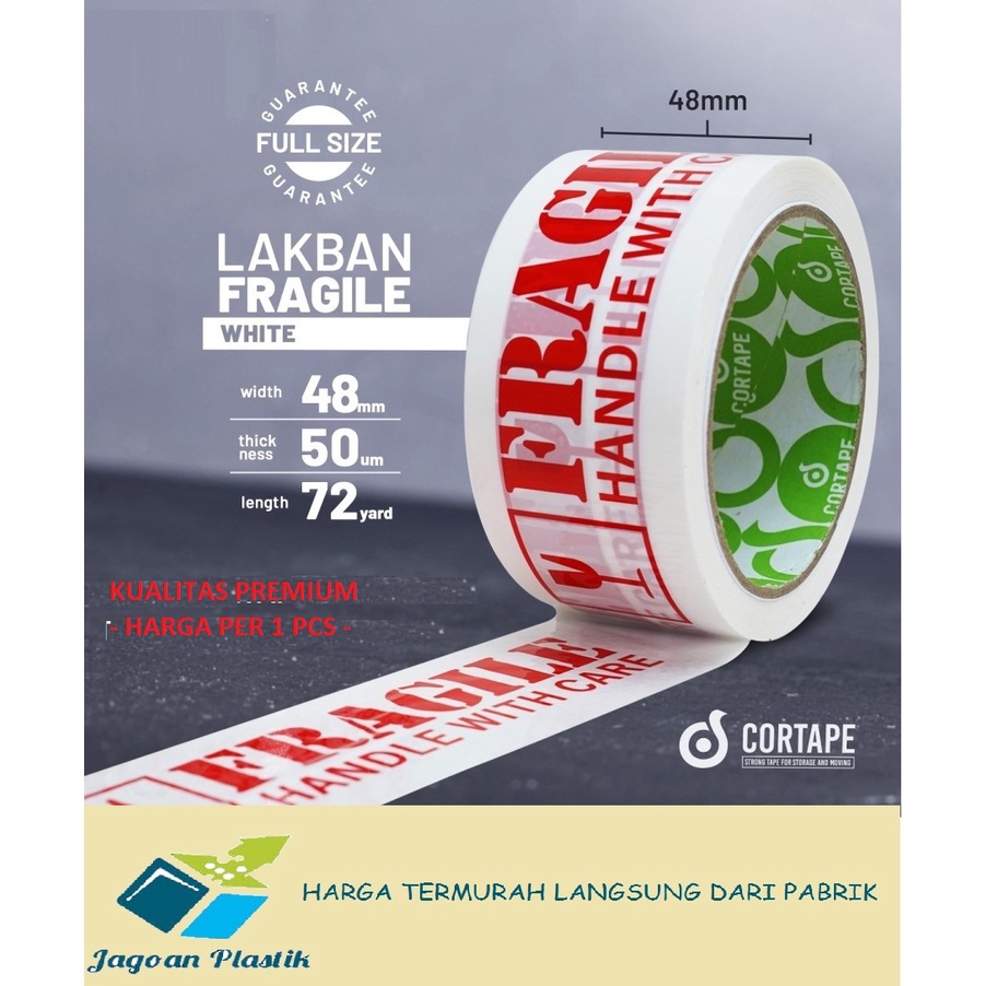 LAKBAN STIKER FRAGILE FONT MERAH DASAR PUTIH 48 MM X 72 Y