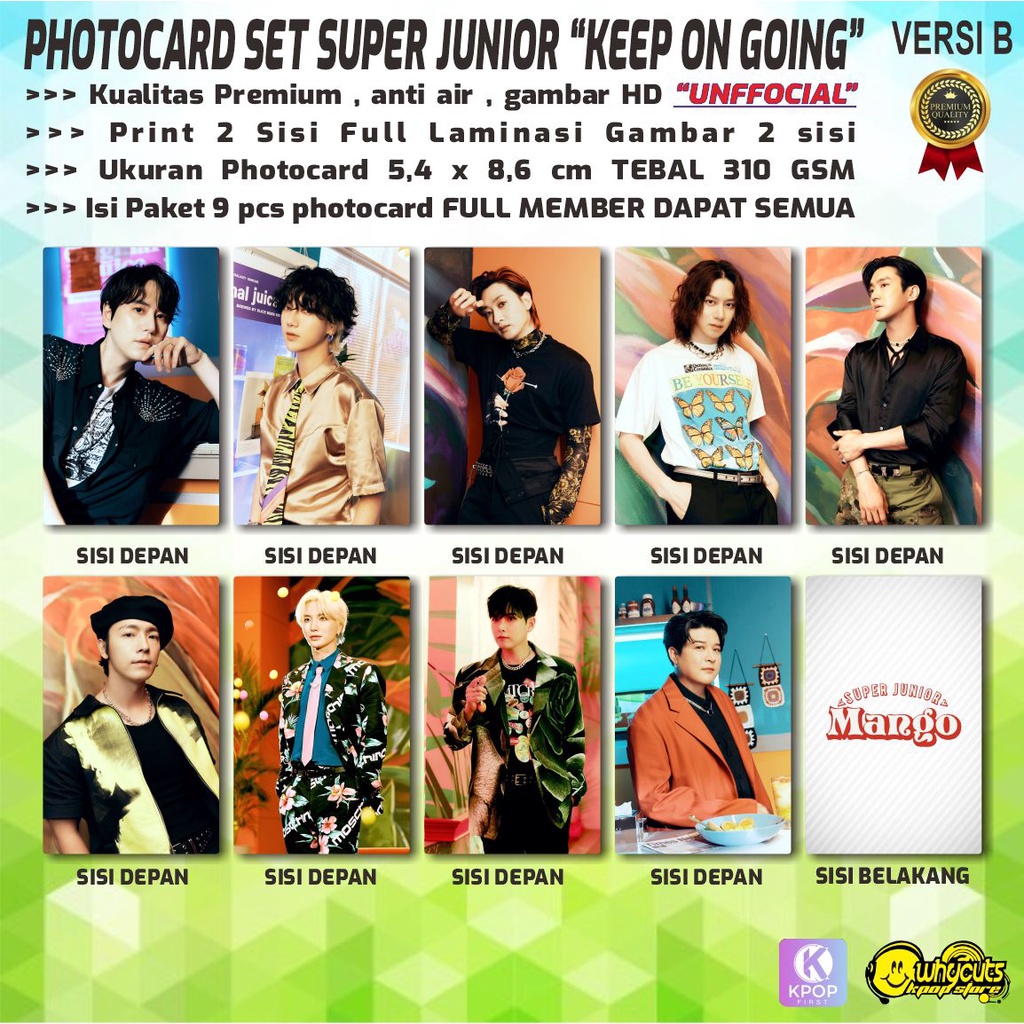 PHOTOCARD FULL SET PREMIUM UNOFFICIAL SUPER JUNIOR MANGO / PRINT 2 SISI FULL GLOSSY LAMINASI / ANTI AIR / ISI 9 PCS