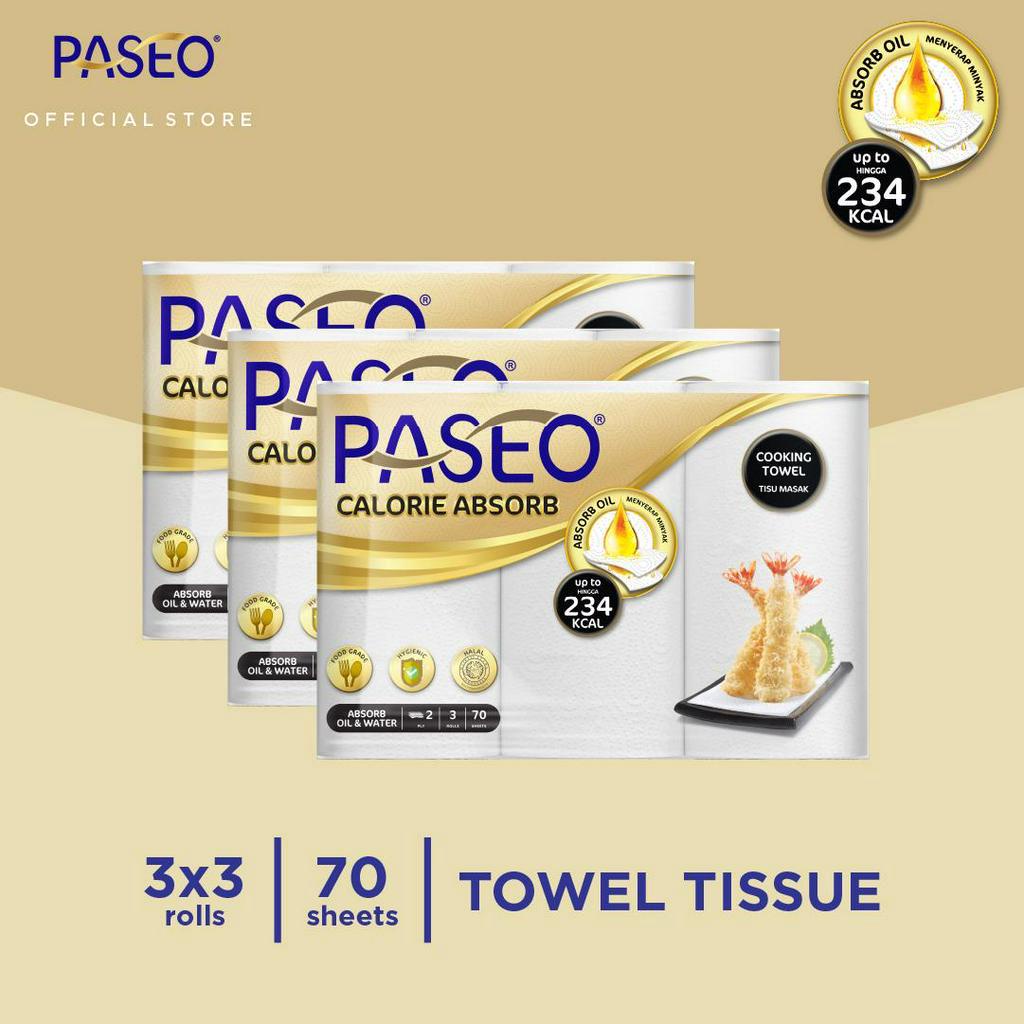 Paseo Calorie Absorbs Cooking Towel Roll White Emboss 70 Sheets 3 Rolls x 3 Packs