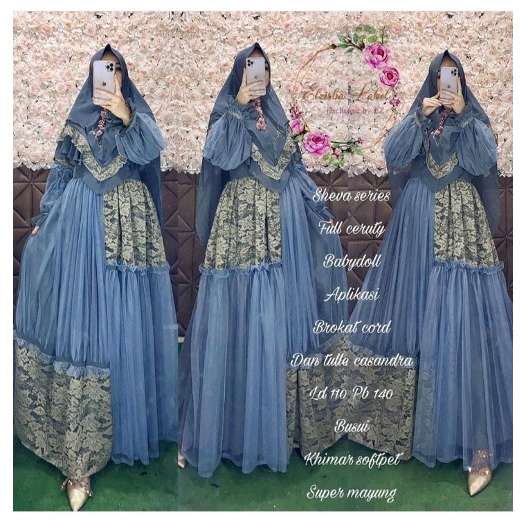 GAMIS SET KHIMAR CERUTY MIX TILE BIRU WARDAH RIJEK