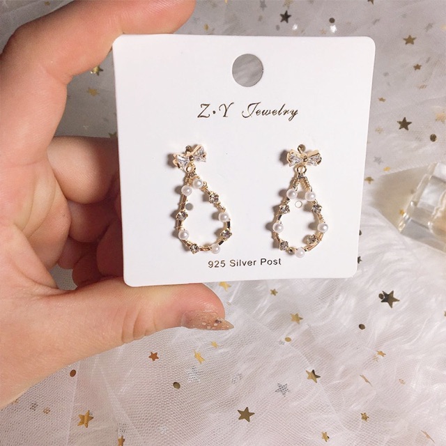 E183，4 . Anting 925 Perak Needle Korea Manis Bow Drop Earrings