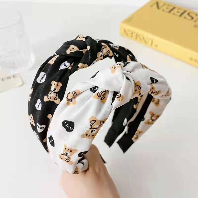 (Hello Girl)B25 Bandana Simpul Motif Beruang Bahan Kain Import Headband Wanita Korea Import