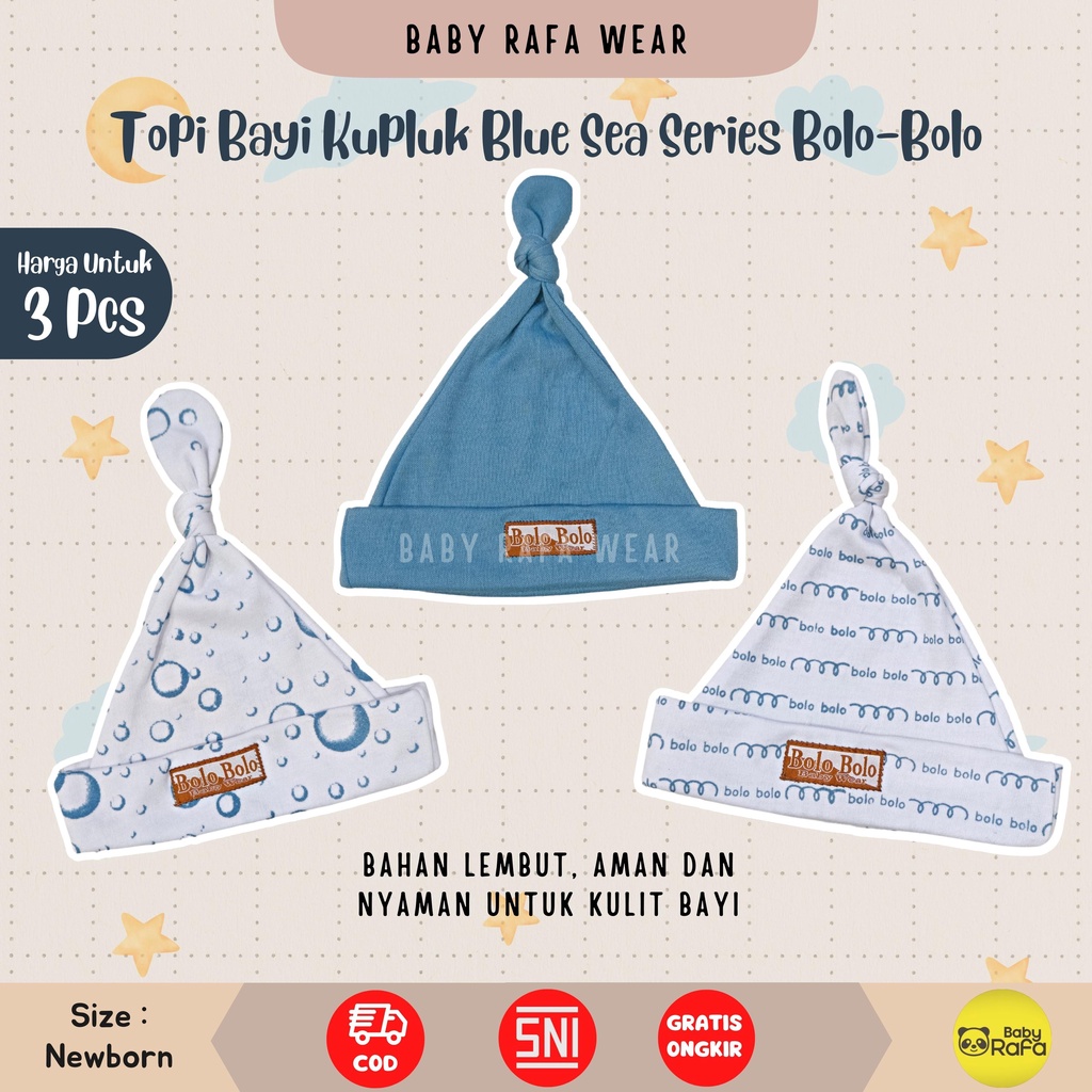 Serian Biru - 3 Pcs Topi Kupluk Bayi Baru Lahir Topi Bayi 0 - 3 Bulan BLUE SEA SERIES merk SNI Bolo - Bolo