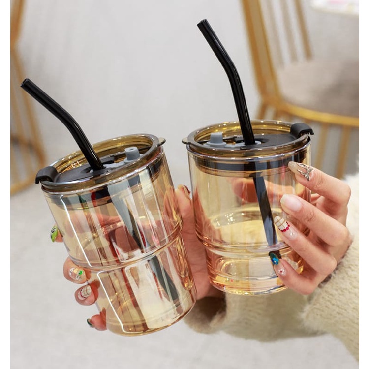 (BOW) Gelas Kopi Tumbler Kaca Susu Teh Aesthetic Gelas Minum Bening Dengan Kulit Case Anti Panas