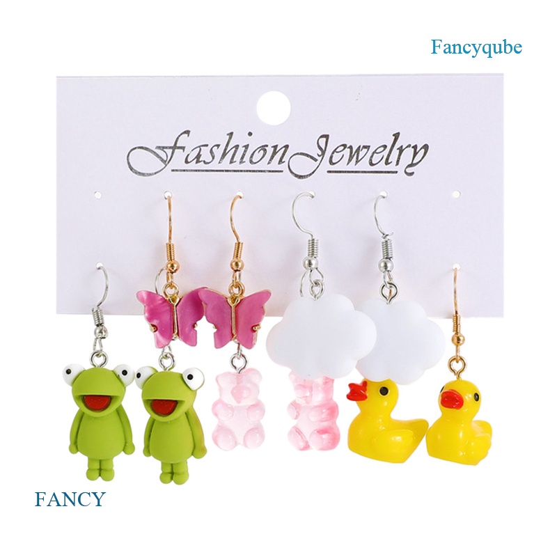 5 Pasang / Set Anting Tusuk Gantung Desain Hewan Katak / Bebek / Awan / Gummy Bear / Geometri Untuk Wanita