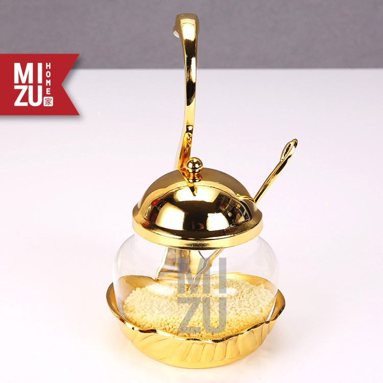 MIZU HARICHO Decorative Sugar Seasoning Glass Jar & Spoon Toples Kaca Snack Gula & Sendok Emas-3