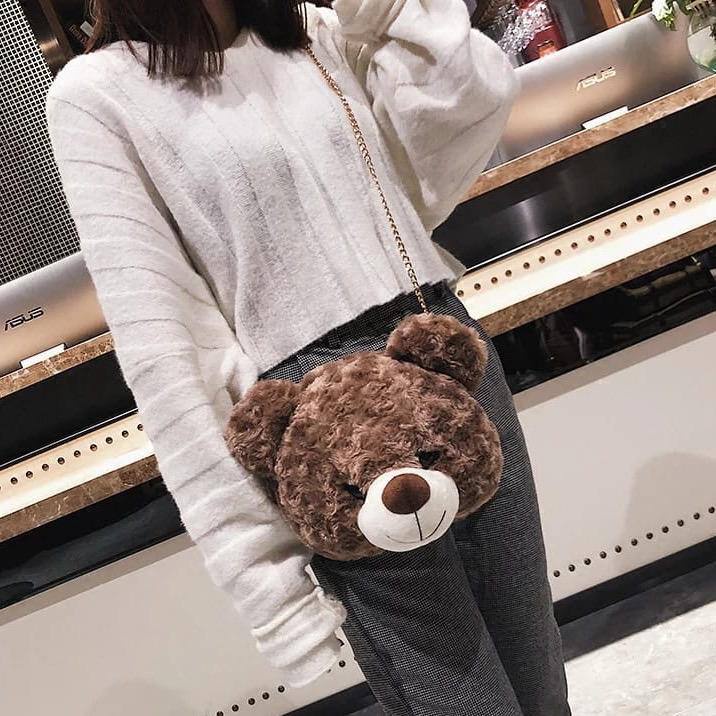 ASFOUR - Tas Bulu Selempang TEDDY BEAR Tas Boneka Kepala teddy bear ALA KOREA TAS SEKOLAH LUCU TAS PEREMPUAN TAS WANITA TAS CANTIK TAS BULU TAS KEKINIAN/TAS BULU/tas SLEMPANG RANTAI/TAS HP/TAS DOMPET