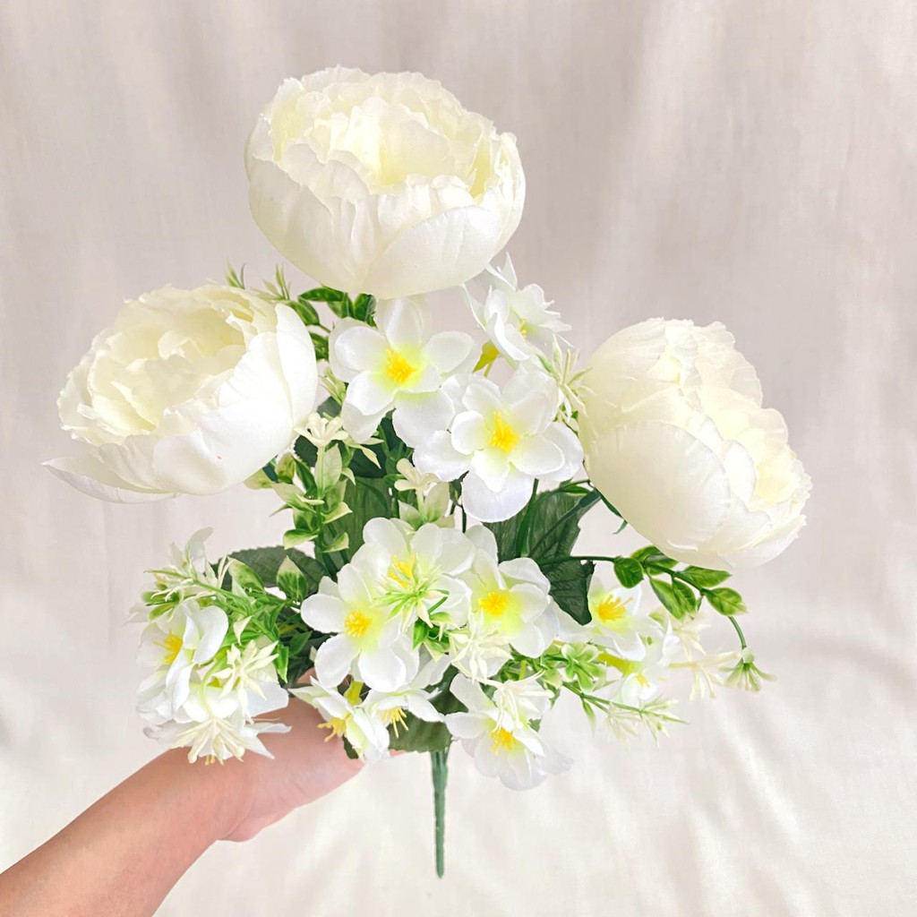 Bunga Peony Ball mix Cherry Blossom X7 (satuan) Bunga Artificial / Bunga Plastik / Bunga Dekorasi-Broken White