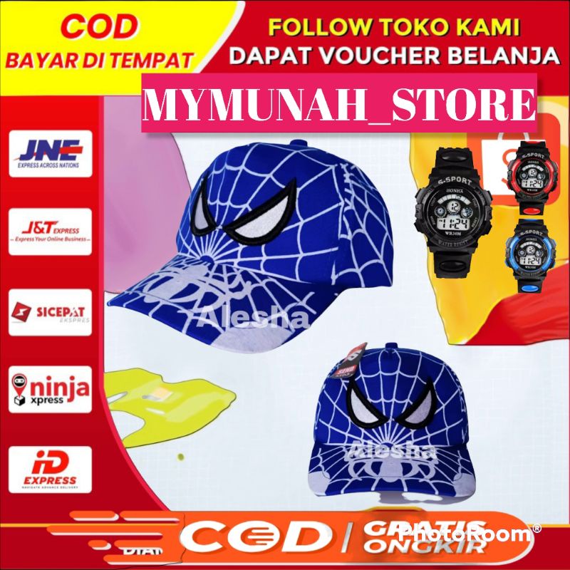 TOPI BORDIR ANAK KARAKTER SPIDERMAN BATMAN/2IN1 JAM SPORT ANAK KEREN