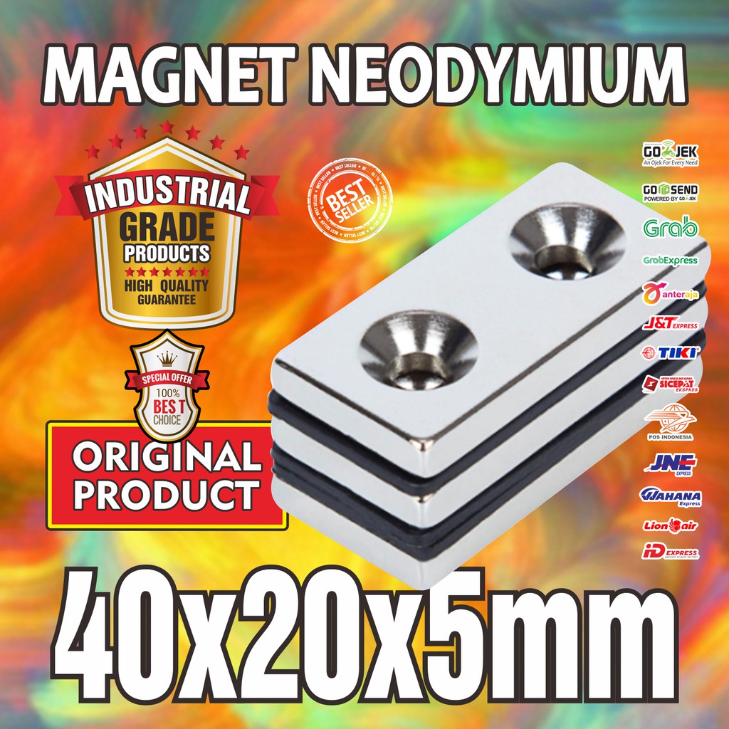 MAGNET NEODYMIUM 40x20x5mm - 40 x 20 x 5 mm HOLE 10-5mm N52