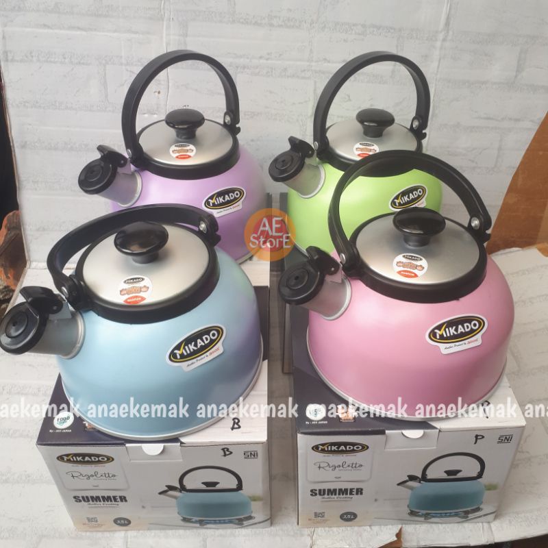 Ceret Teko siul bunyi 2,5 liter, 3 Liter, 3,5 liter kettle ketel rebus masak air maspion rigoletto warna pastel unik lucu biru ungu pink ping hijau mikado kado nikah