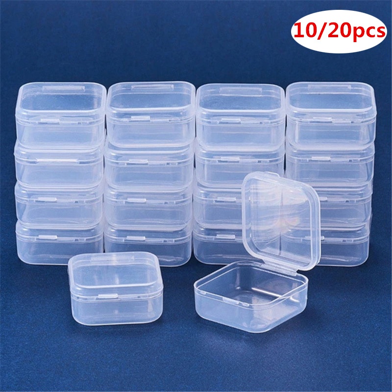 10 / 20pcs Kotak Penyimpanan Perhiasan Anting Cincin Bahan Plastik Transparan Bentuk Persegi Kecil