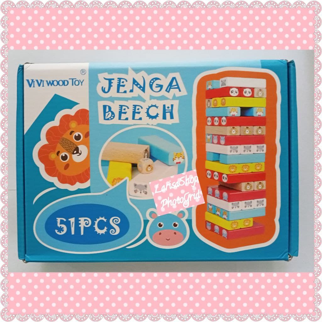 Permainan Anak Stacko Balok Susun Jenga 51 pcs / Wooden Jenga Kayu Color Animal Kartun - Edisi Anak