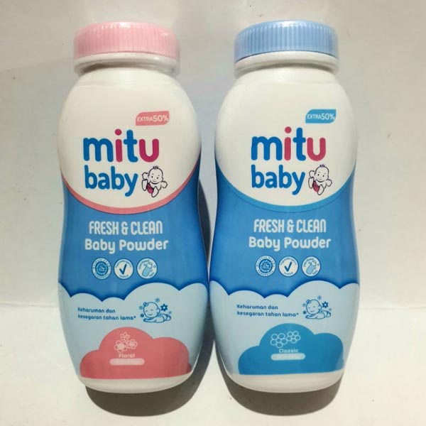 [50+25GR] MITU Baby Powder Fresh and Clean Classic Blue | Floral Pink | Bedak Bayi 75gr | 50+25gr_Cerianti