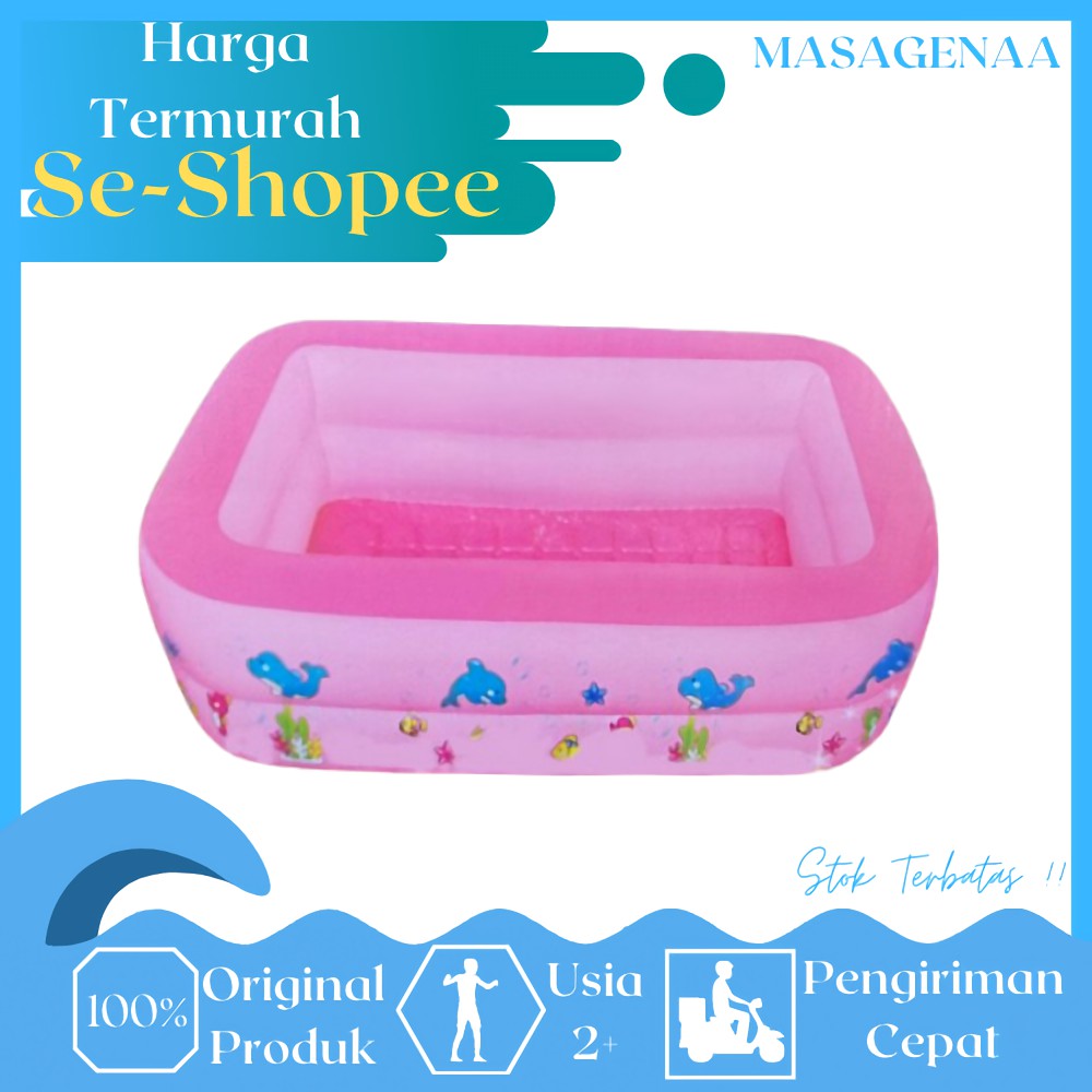 Kolam Tempat Renang Berenang Karet Bak Mandi Anak Bayi Balita Persegi Panjang 2 Ring Pompa Murah Ori