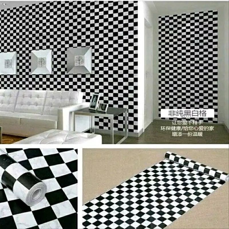 Wallpaper Dinding Motif Catur Hitam Putih Ukuran 1O Meter x 45 CM