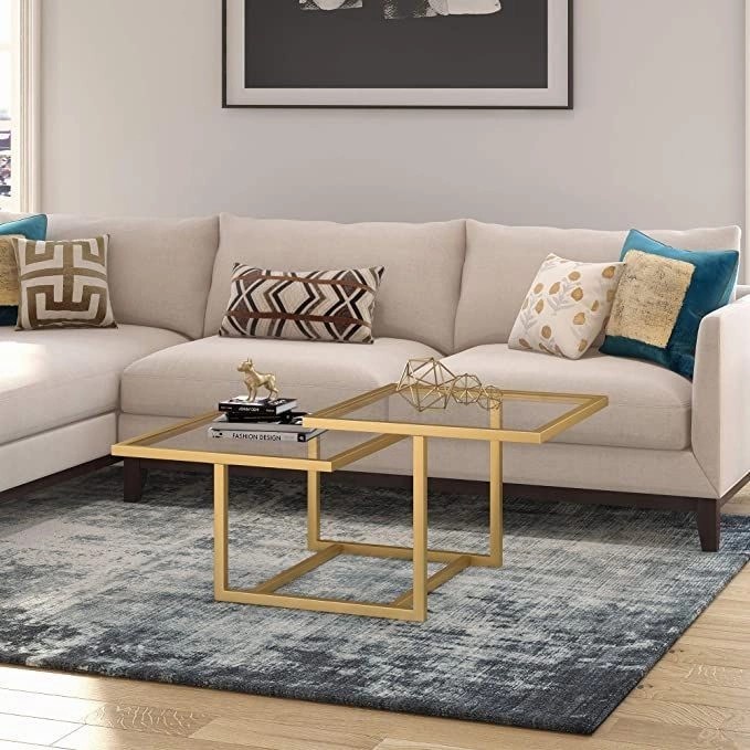 Meja Tamu Kaki Besi Gold Meja Kaca