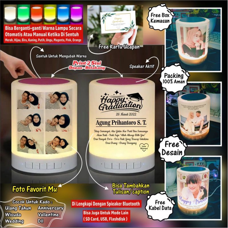 (CETAK NAMA& FOTO) SPEAKER Bluetooth SENSOR lampu,kado ulang tahun kado, Lampu tidur custom