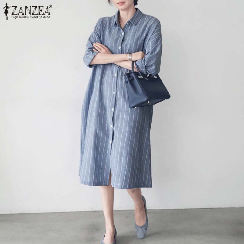 ZANZEA Women Fashion Casual Full Sleeve Cotton Stripe Printed Retro Elegant Midi Dress