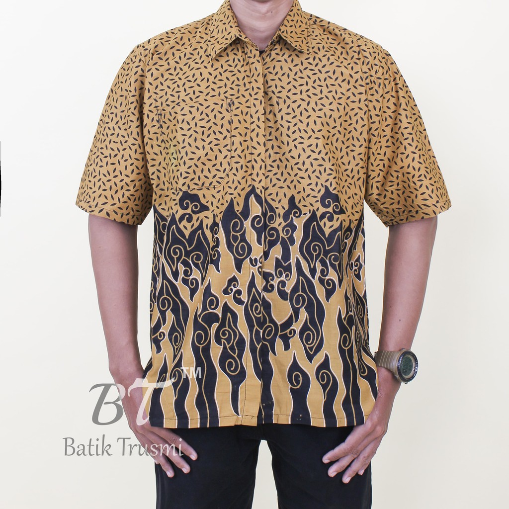 BATIK TRUSMI Baju Batik Hem Pria Kemeja Pria Lengan Pendek Batik Mega Mendung Kombinasi Beras Tumpah Murah Seragaman-4