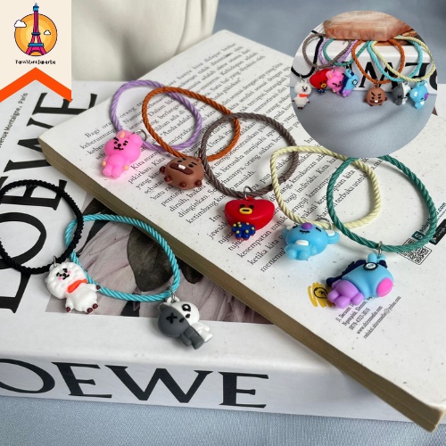 Ikat Rambut Golden Button BT21 Kunciran Rambut Karet Gelang Gold Hair Tie Scrunchie Warna Pastel Neo