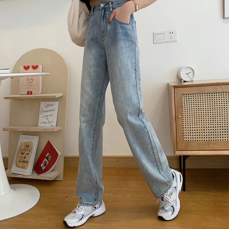 New Korean retro high-waisted loose jeans straight-legged wide-legged