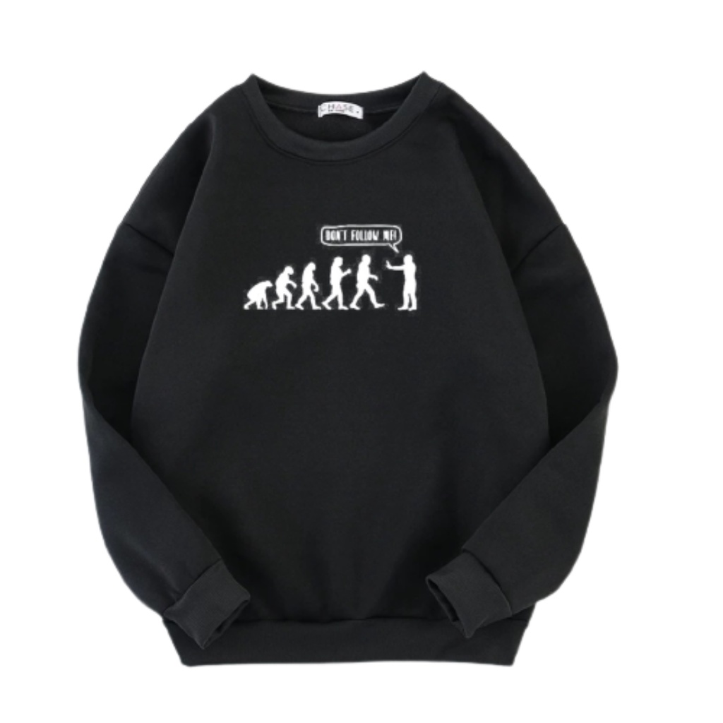 Crewneck hitam DONT FOLLOW ME by HANACO switer crewneck flecee tebal cocok untuk semua musim Crewneck pria BIGSIZE M L XL XXL sweater &amp; cardigan polos simple aesthetic sweater crewneck pria wanita casual CN pria terlaris 2021 viral