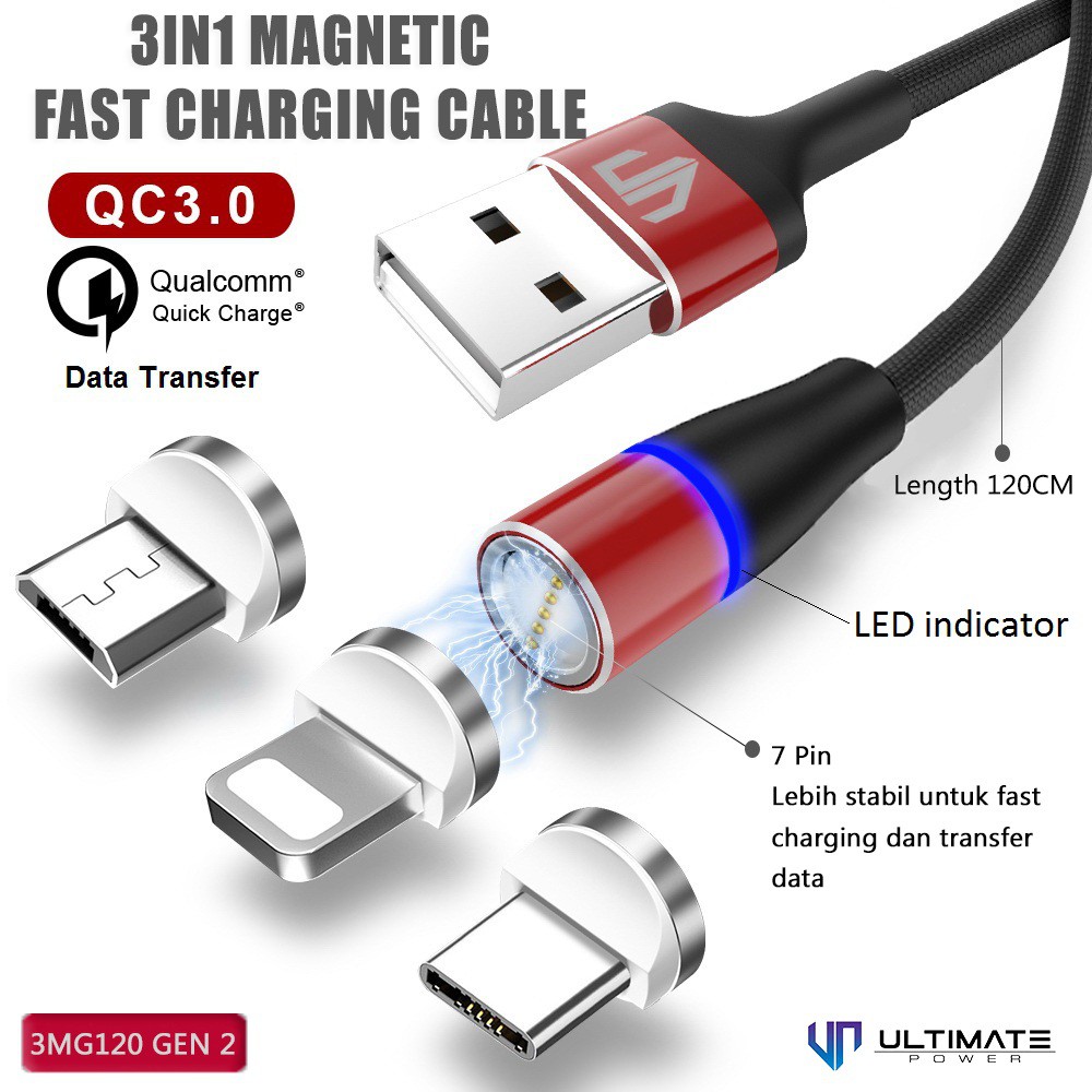 Data Cable 3in1 Ultimate Power 3in1 Magnetic USB Data Cable Fast Charging 3MG120 Gen 2