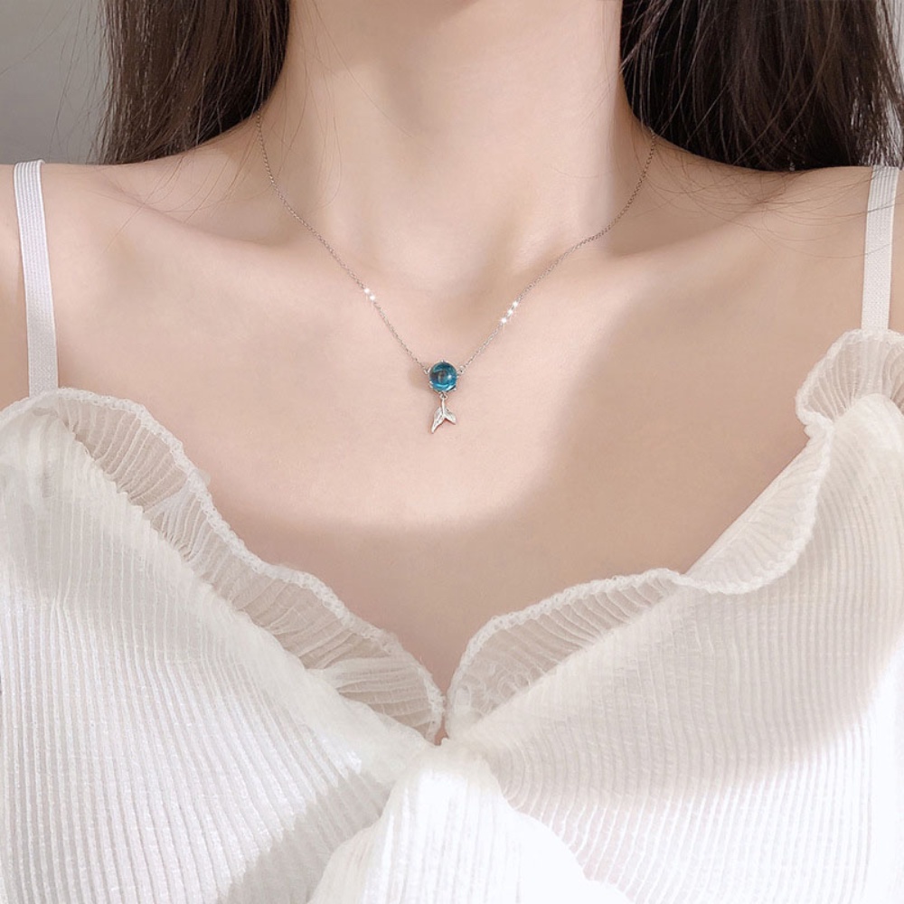 Korea Indah Mermaid Tails Batu Biru Zirkon Liontin Kalung S925 Sterling Silver Untuk Wanita Fashion Perhiasan Aksesoris