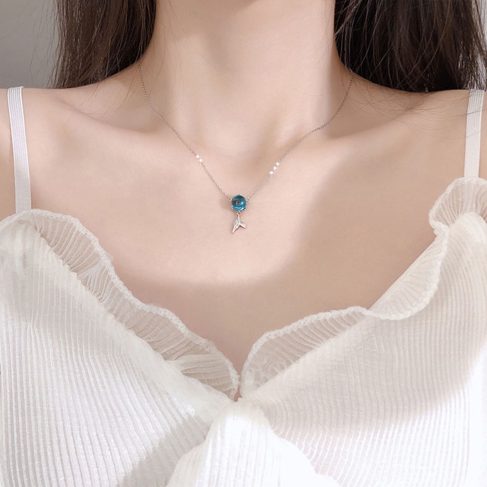 Kalung S925 Silver Hias Liontin Ekor Mermaid Warna Biru Busa Gaya Korea Untuk Wanita