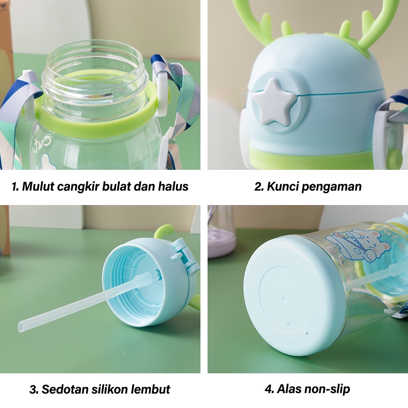 Letyeah &amp; Anantagt Botol minum anak lucu dengan sedotan/Botol Minum Tanduk/Botol Plastik 600ML