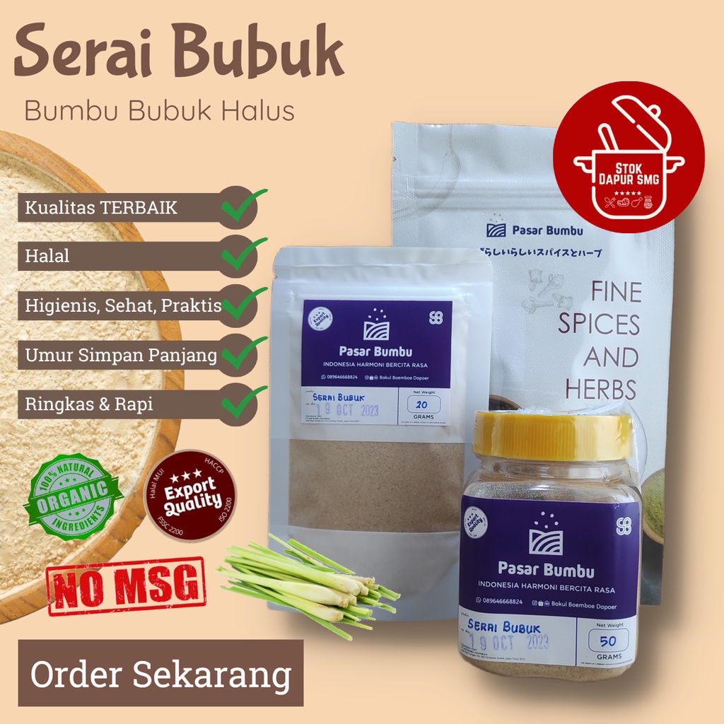 

Pasar Bumbu Sereh Serai Sere Bubuk Murni / Lemongrass Powder Pouch Refill 20gr 50gr 100gr Botol 50gr