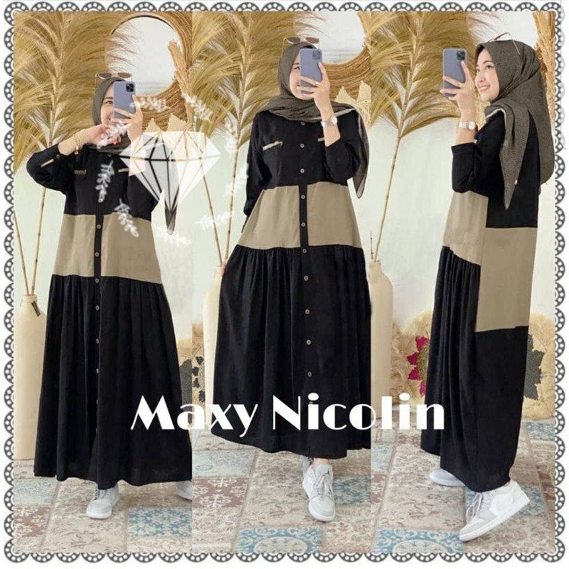 MAXI NICOLINE LD104 Long dress panjang gamis busui polos hitam gaul hits hijab