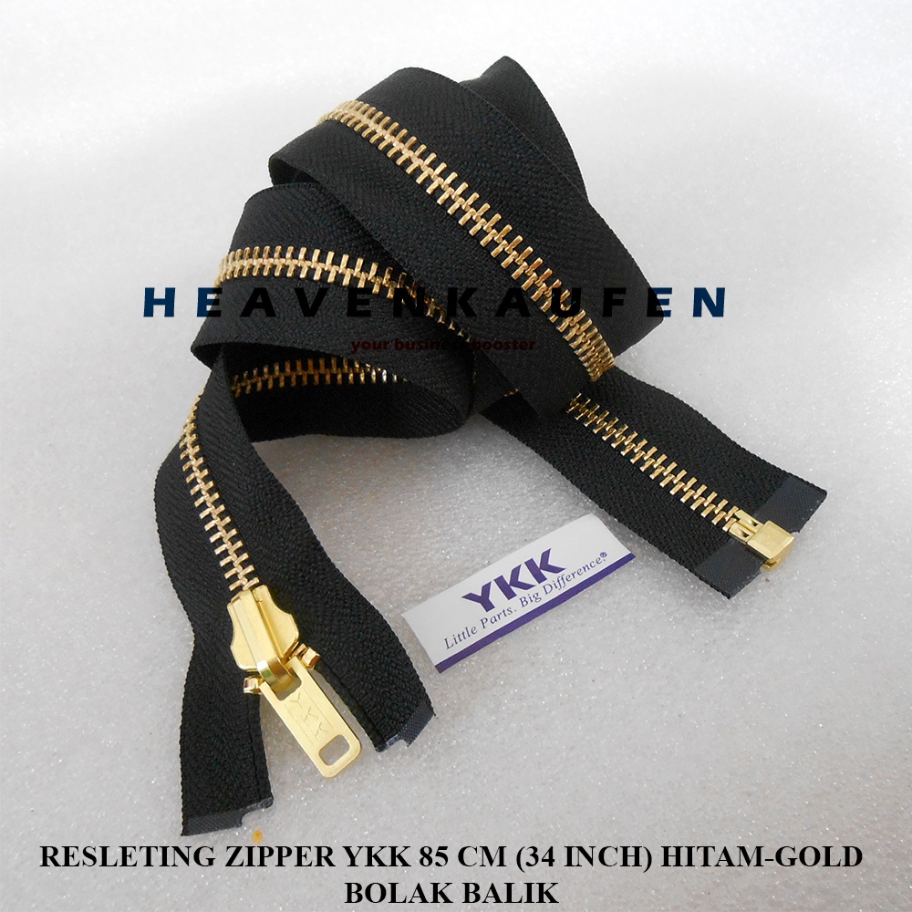 Resleting Zipper YKK 85 cm Atau 34 inch Hitam Gold Emas Type Gigi Besi Model Set Open End Buka Lepas