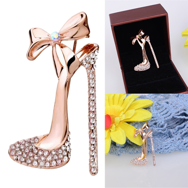 （✔✔❤Bros Bentuk Sepatu High Heels Lapis Emas Aksen Kristal Dan Berlian Imitasi