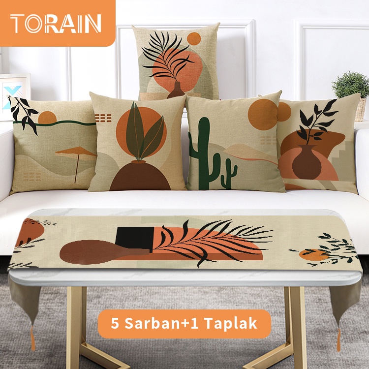 TORAIN Cetak Lenan 40*40cm Sarung Bantal+ Taplak Meja Setelan Dekorasi Rumah 6 Buah Set Alas Meja