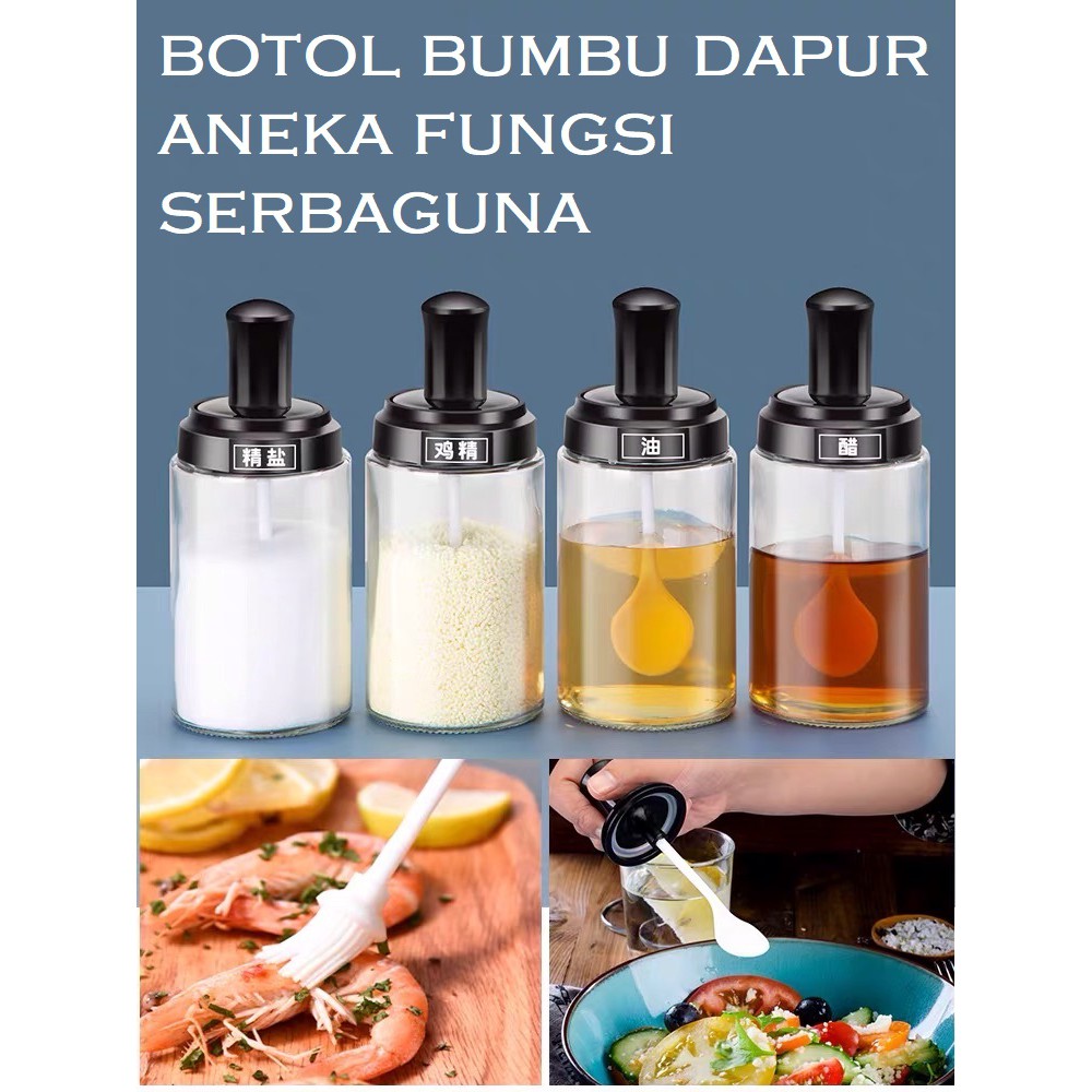 BOTOL BUMBU GARAM MINYAK SAOS TOPLES PENYIMPANAN SENDOK KUAS PENGADUK MADU DAPUR KEDAP UDARA KACA