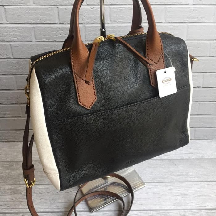 tas fossil fiona satchel black and white leather original