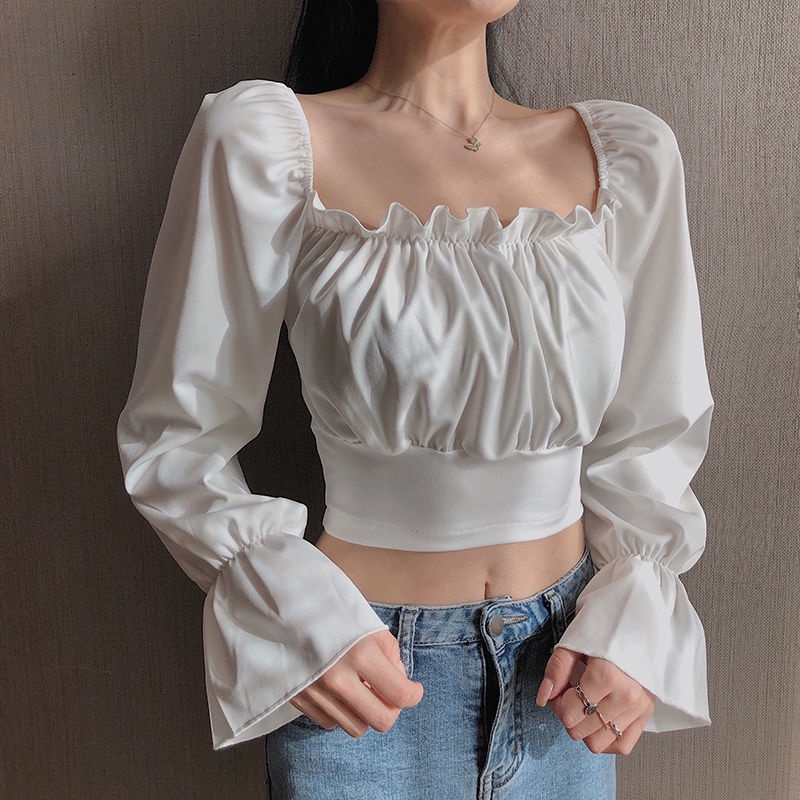 Shifon blus fairy ruffled square collar waist puff lengan kemeja pendek lengan panjang top wan