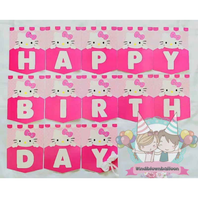 WINDBLOWN BALON BUNTING FLAG BANNER HAPPY BIRTHDAY HELLO KITTY HBD GIRL ULTAH ANAK