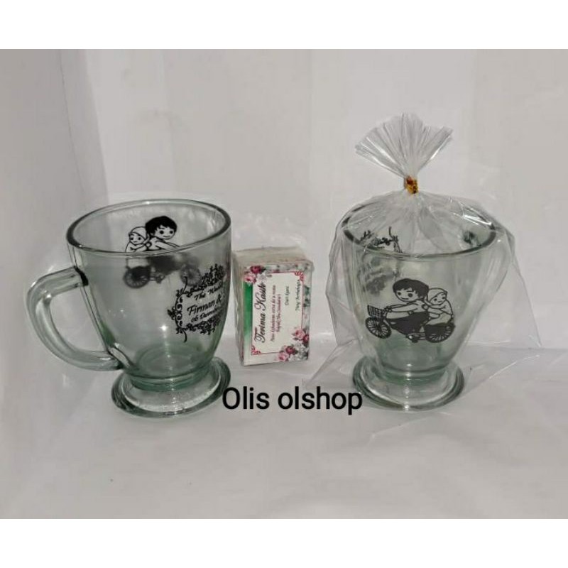 Souvenir pernikahan gelas piala bening kemasan plastik+sablon nama