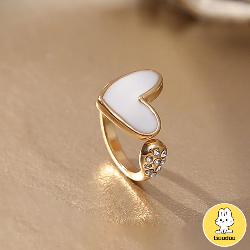 Cincin Model Terbuka Adjustable Desain Hati Hias Berlian Imitasi Untuk Wanita -Doo